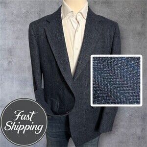 THORNHILL Mens 44R Blazer Sport Coat 2-Button Jacket TWEED WOOL Herringbone Blue